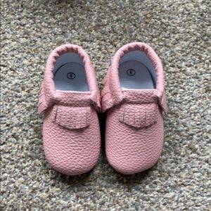 Pink faux leather baby mocs